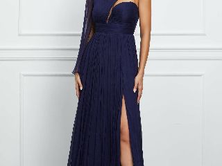 Rochie Ginette bleumarin lunga din matase naturala cu decupaj la bust