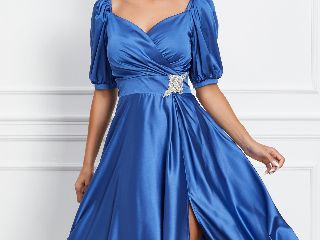 Rochie Malvena albastra din satin cu aplicatie in talie