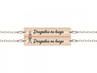 Set bratari argint cuplu tablite 30 mm (2 bucati incluse) - personalizate cu text - placate cu aur roz - Model 1
