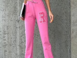 Pantaloni sport pentru femei, uni, cu model brodat R, Roz neon