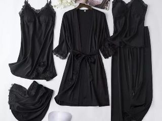 Pijama neagra satinata 5 piese pentru dama