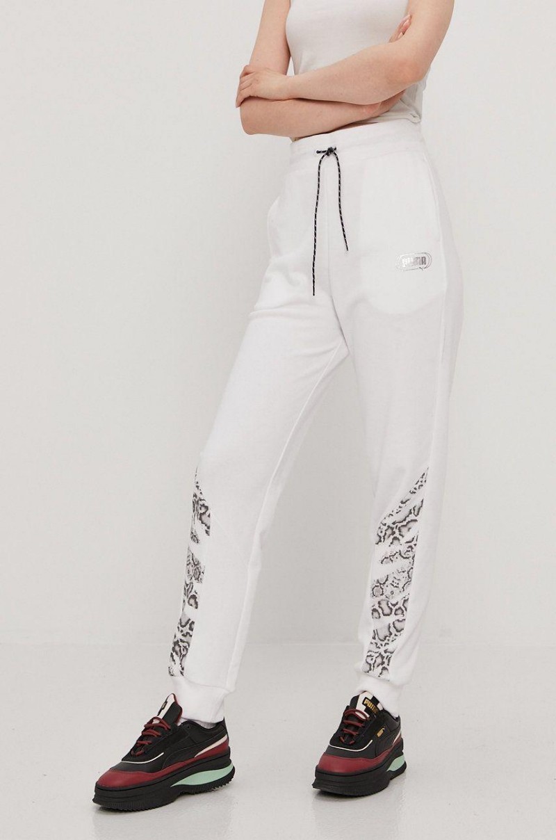 Puma Pantaloni femei, culoarea alb, cu imprimeu