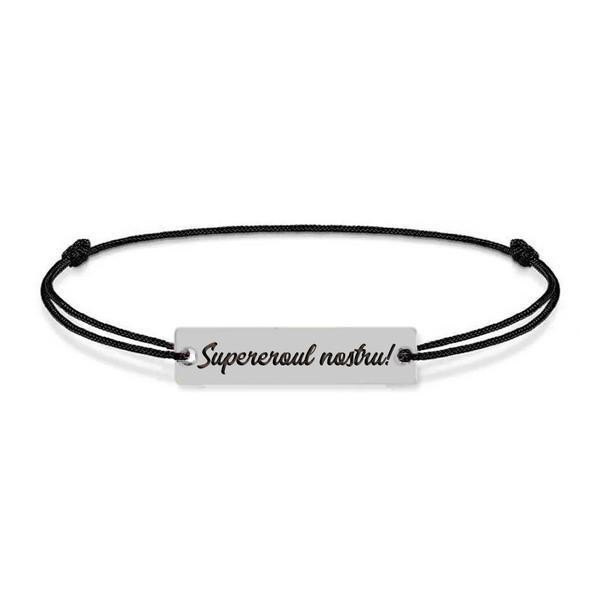 Bratara argint tablita 30 mm si snur negru - personalizata cu text - Model 4