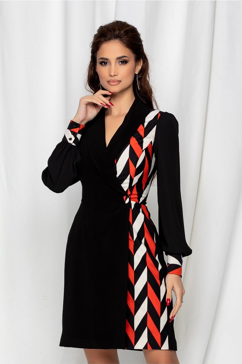 Rochie MBG neagra cu imprimeu rosu si alb